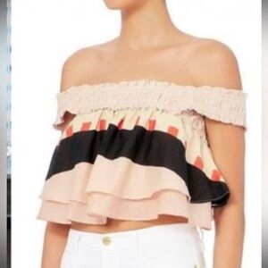 Apiece Apart Beige Black Coral Off-Shoulder Ruffled Crop Top